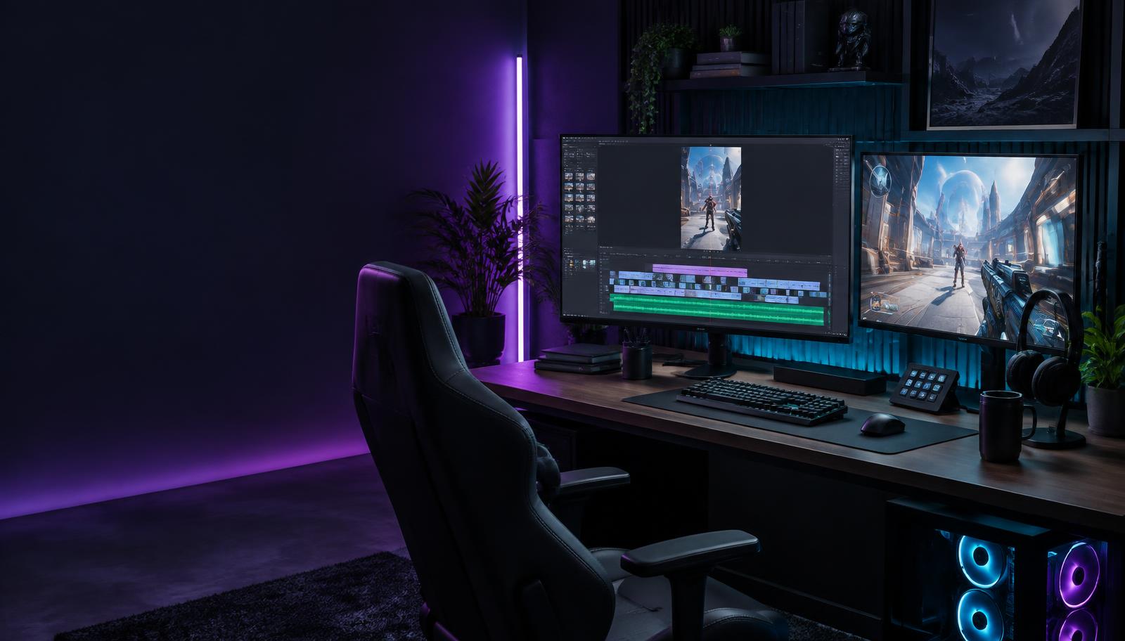 Gaming video editing workstation showing gameplay and an active editing timeline